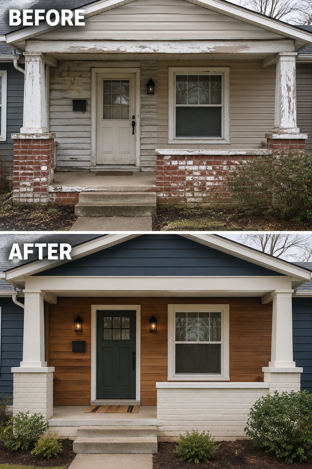 Before and after house porch renovation with new dark siding, door and trim