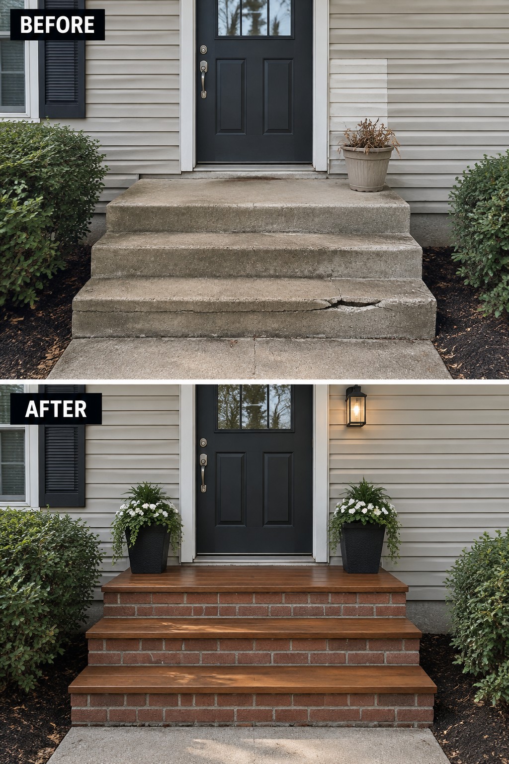 Before-after porch renovation: cracked concrete steps replaced with brick and wooden stairs.