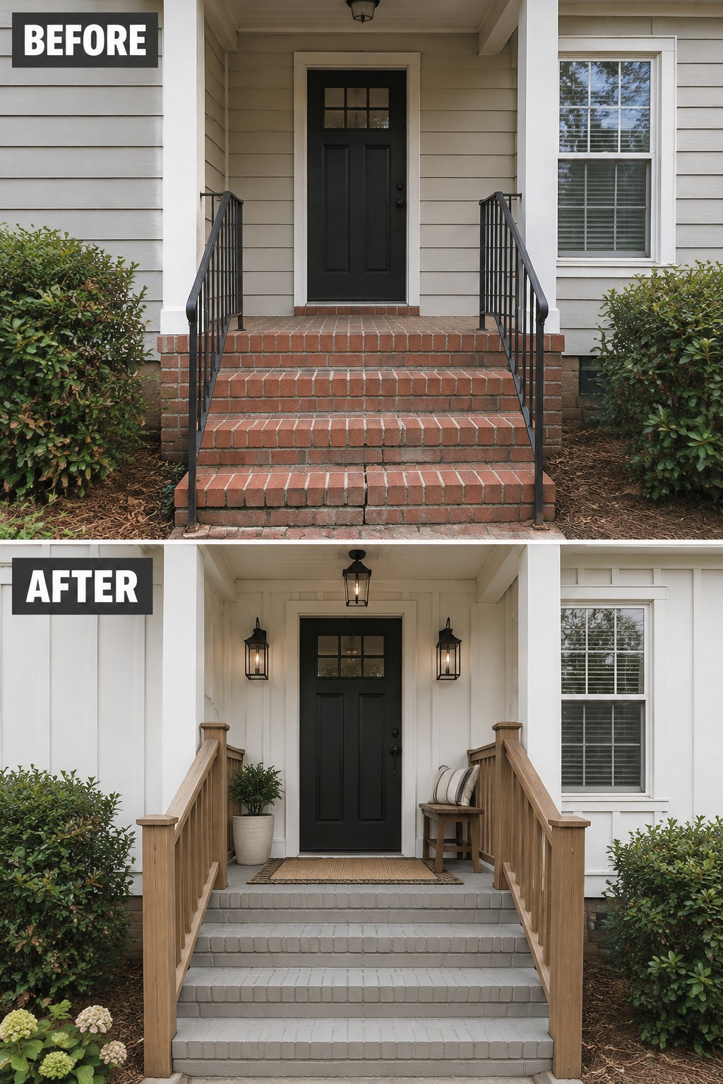 Before and after porch renovation with new wooden railings, gray steps, and lighting