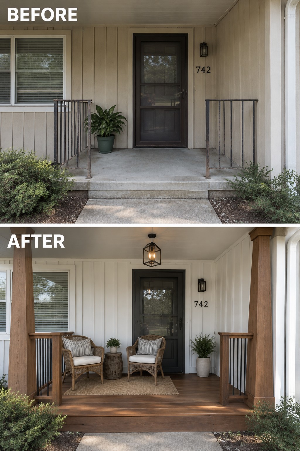 Before-and-after porch: concrete steps with metal rails become wooden deck with wicker chairs and rug.