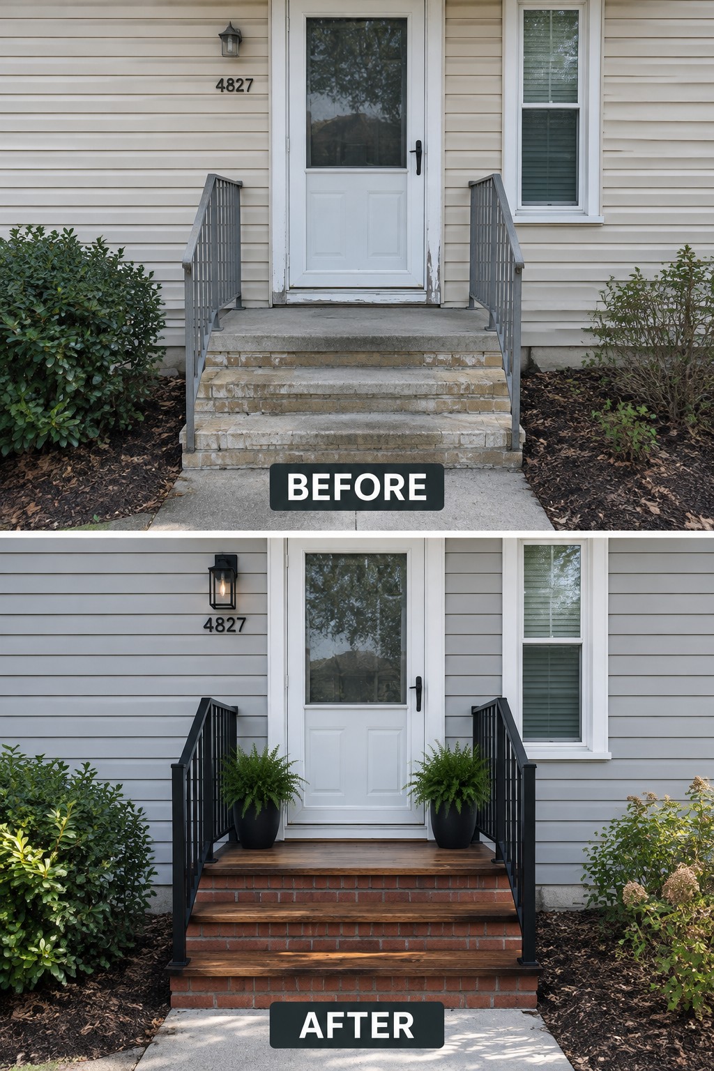 Before-and-after porch renovation showing new wood stairs, black railings, and gray paint.