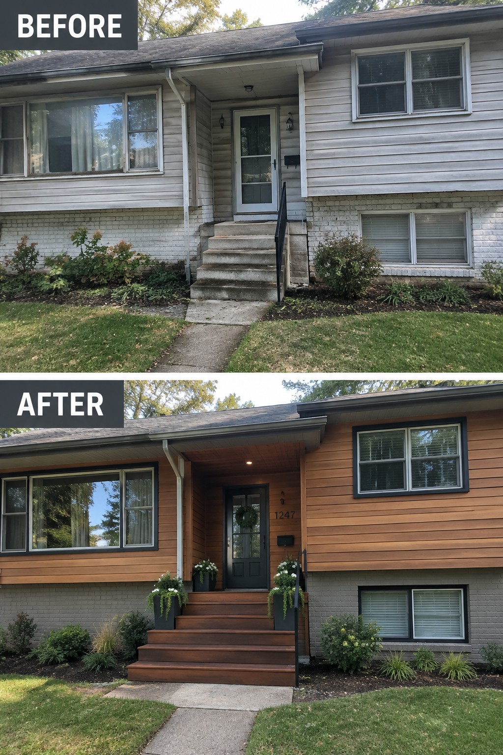 Before-and-after image of a house exterior showing light gray siding replaced with warm wood siding, new wooden steps, and an updated front entry.