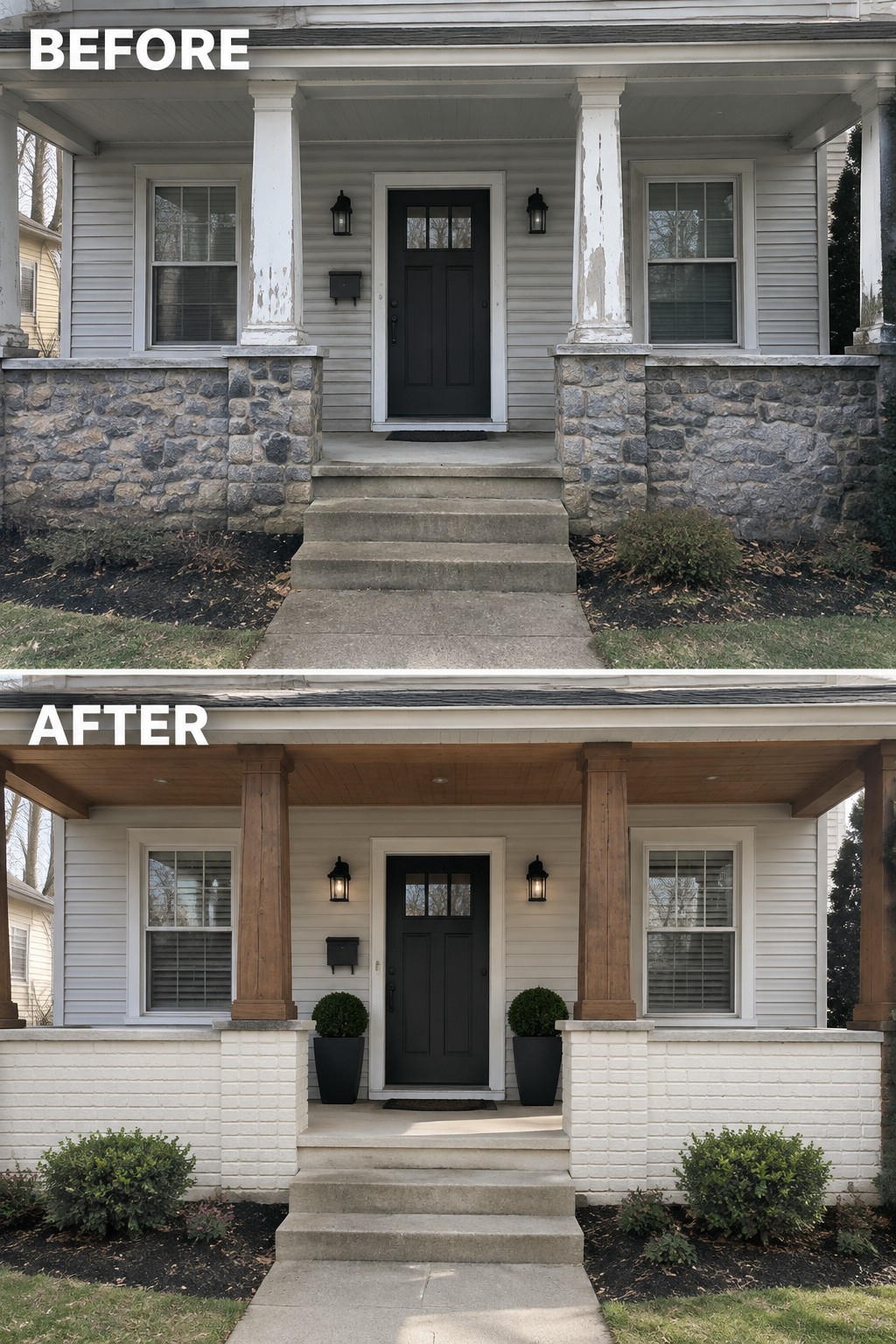 Before-and-after image of a front porch with peeling columns and stone base updated with wood columns, white brick, and two potted plants.