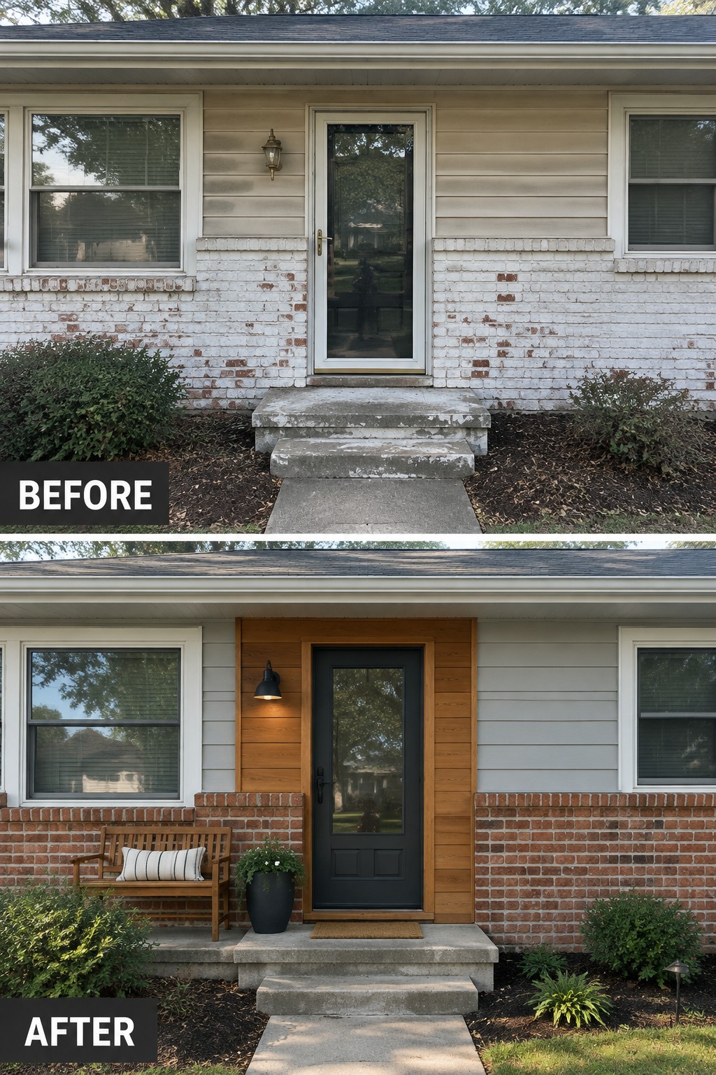 Before and after of brick house with new black door, wood trim and bench