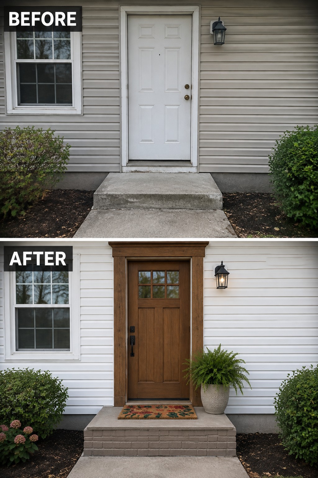 Before-and-after image of a front entry updated with a wooden door and trim, white siding, brick steps, and a doormat with potted plant.