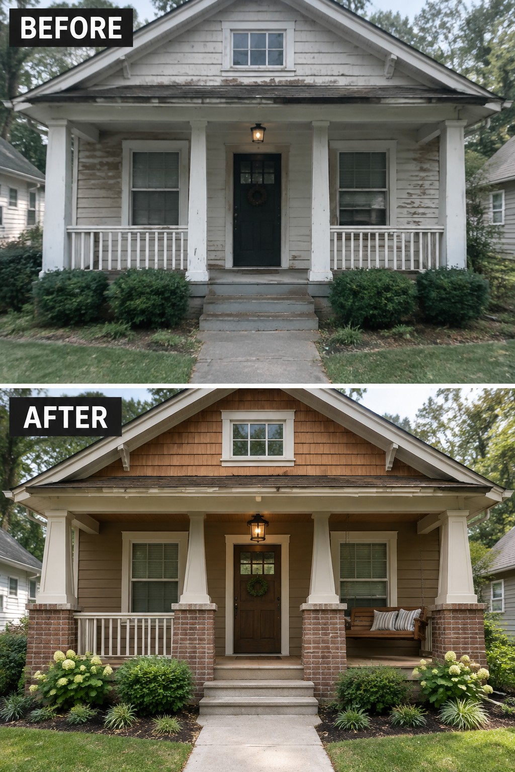 Before and after views of a house exterior renovation with porch and landscaping.