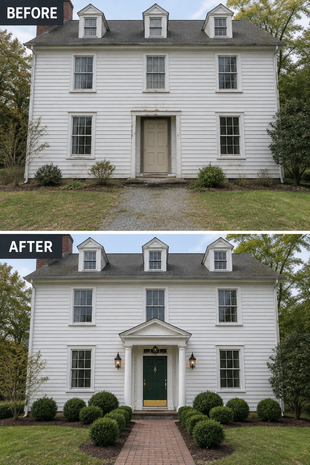 Before-and-after image of a colonial house exterior updated with a white portico, dark green door, brick walkway, and symmetrical shrub beds.