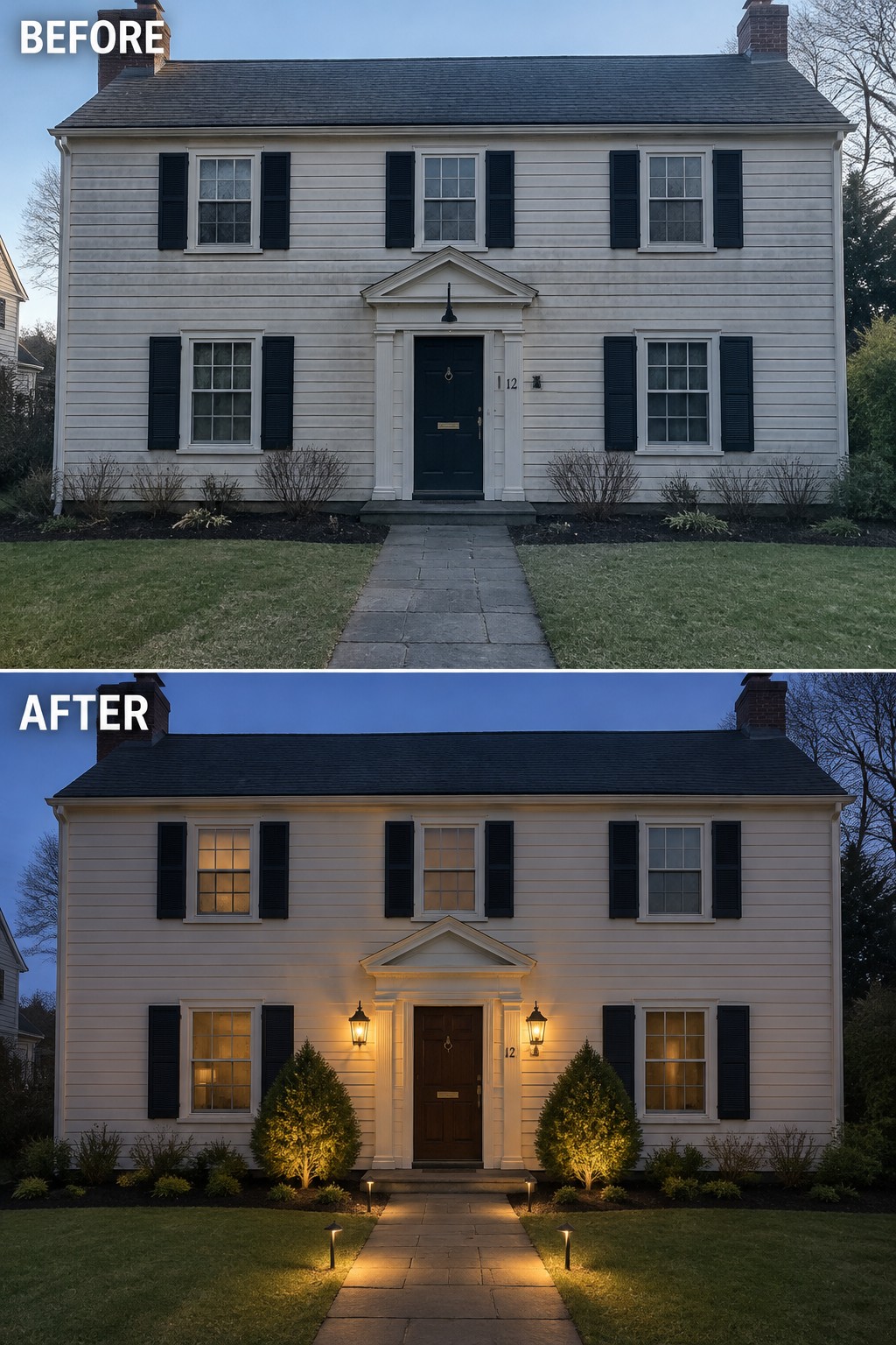 Before and after views of white house with new exterior lighting and brown door