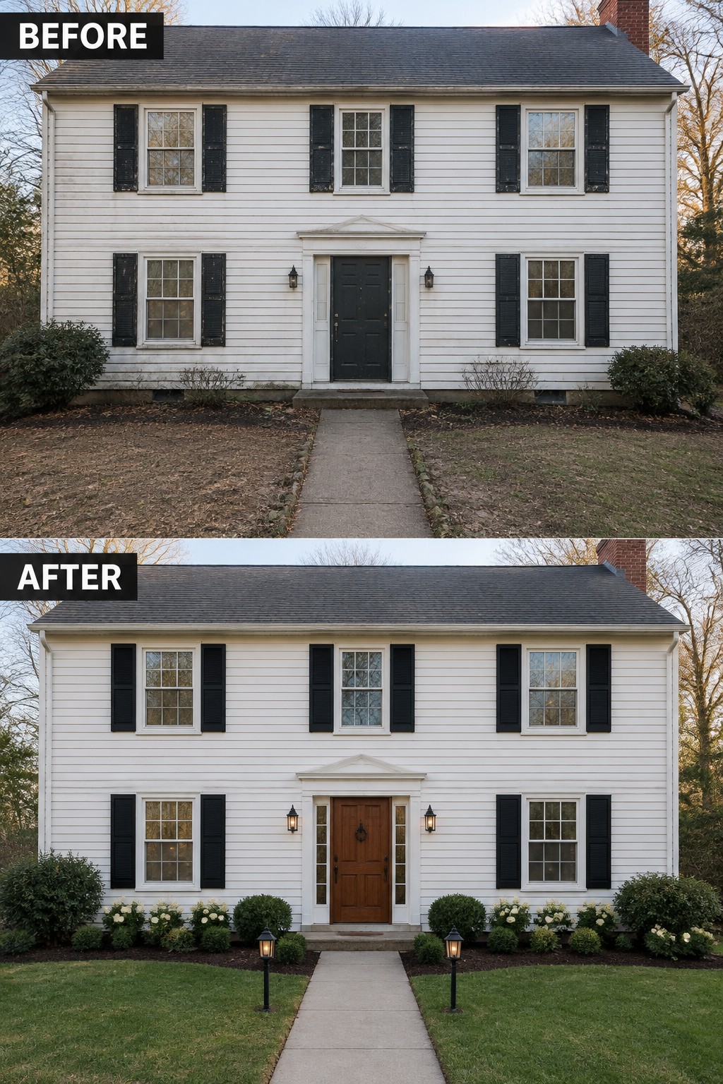 Before and after of white two-story house with new door and landscaped yard