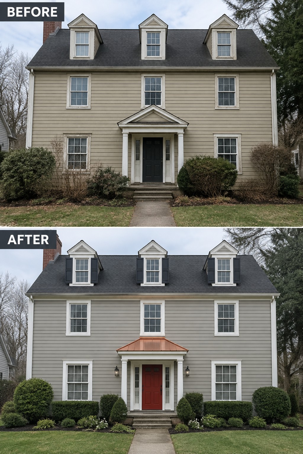 Before-and-after image of a colonial house showing added black shutters on the dormers, a red front door, a copper entry roof, and updated landscaping.