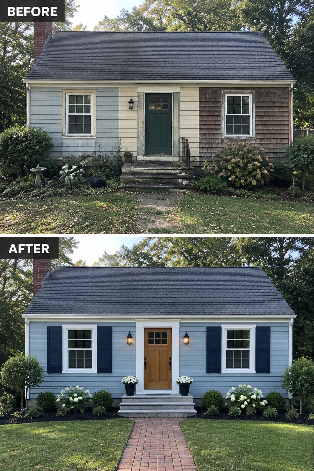 Before-and-after house exterior with light blue siding, navy shutters, wooden door, and brick path.