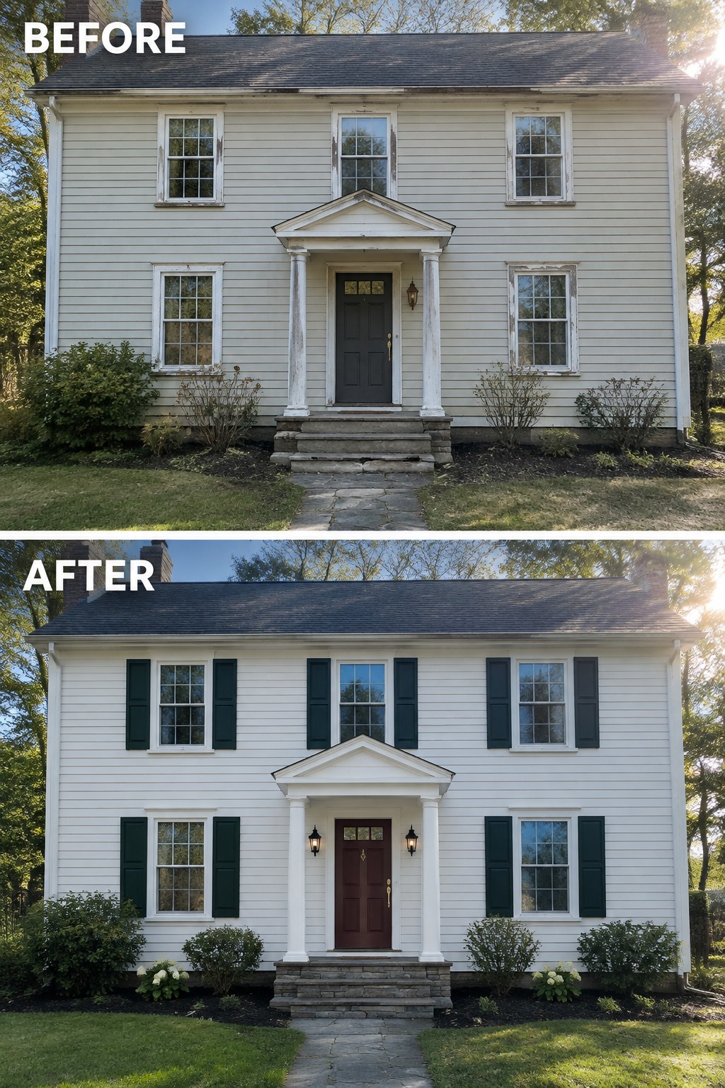 Before and after of two-story house with new green shutters, white paint, and landscaping