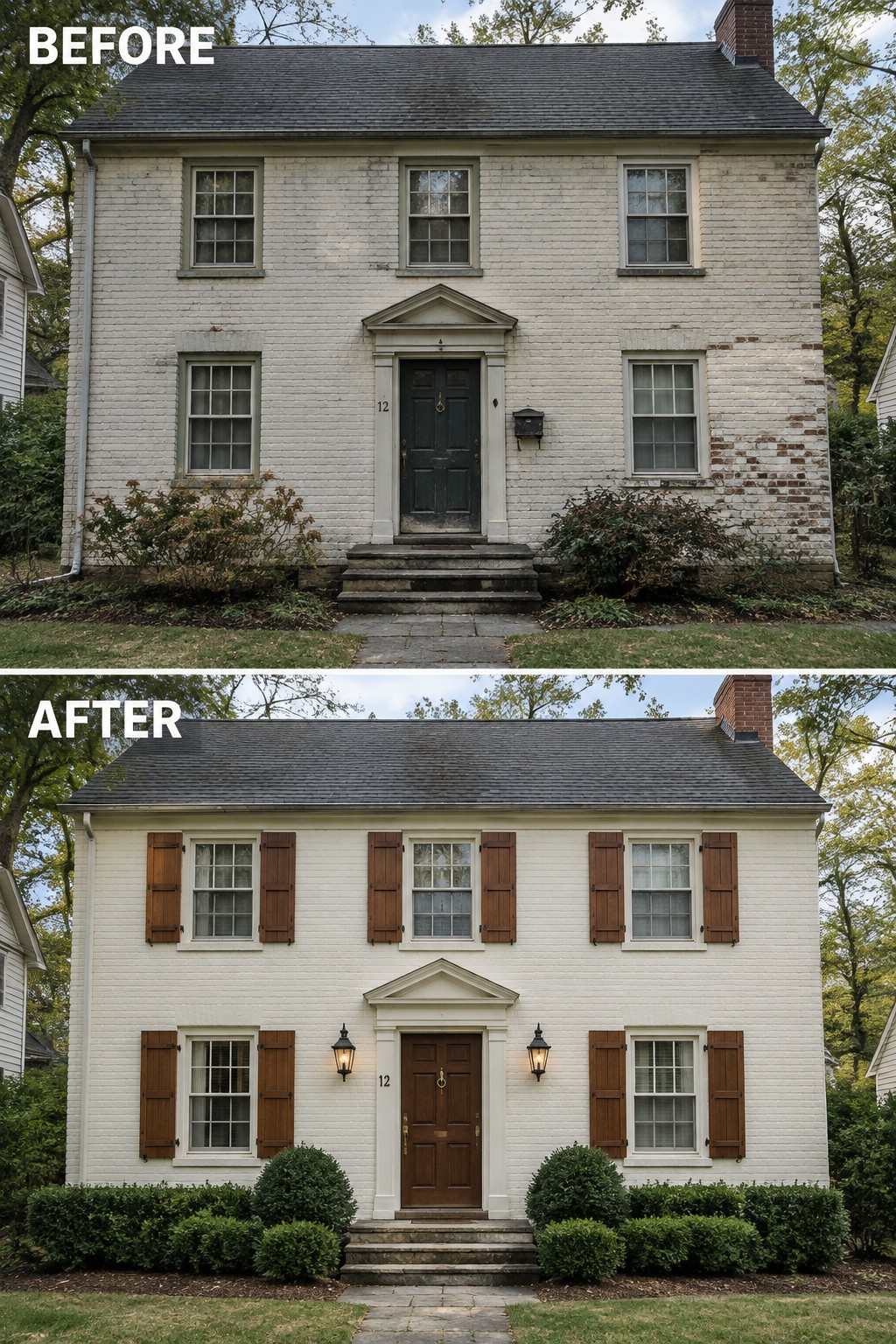 Before-and-after image of a colonial house exterior showing windows without shutters in the top photo and the same house with matching brown shutters added to all windows in the bottom photo.