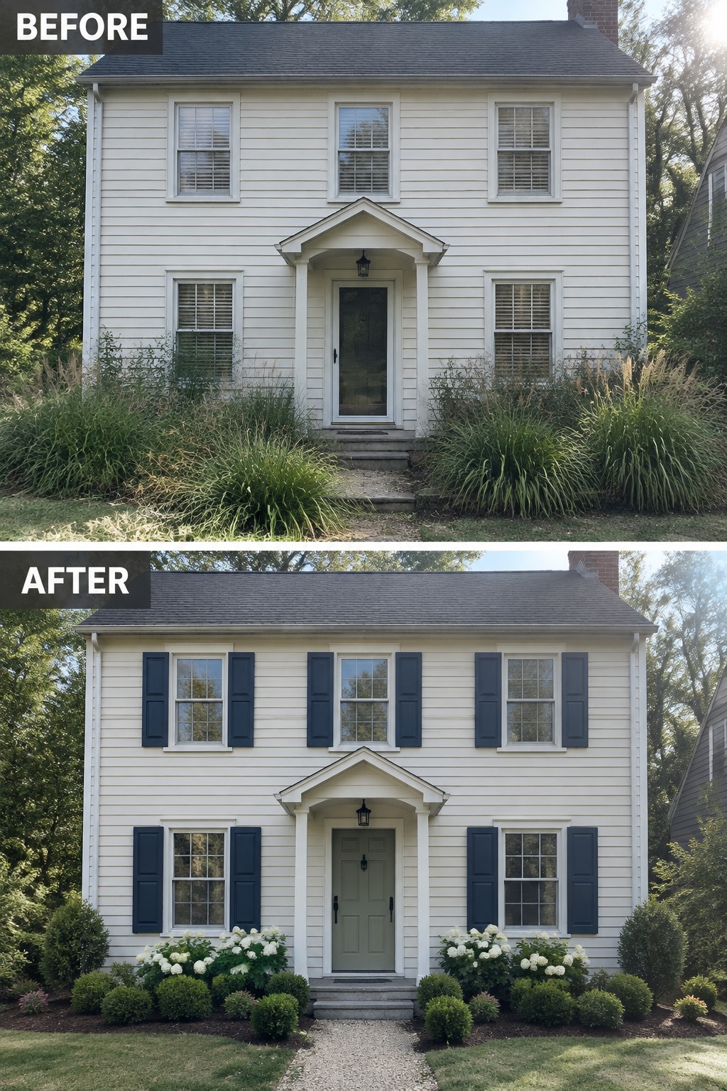 Before and after of two-story house with new blue shutters, green door, and landscaping.
