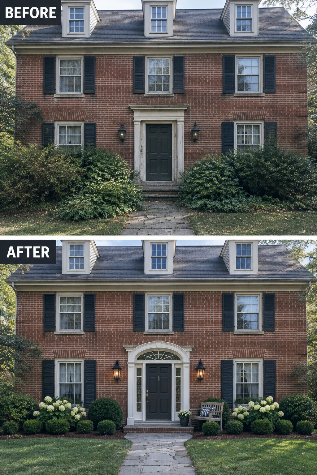Before-and-after image of a brick colonial house showing an added arched entry surround, cleaned-up foundation beds, and new plantings with a bench.