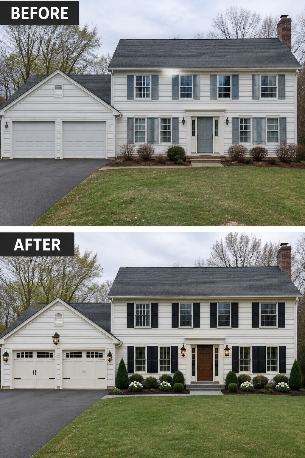 Before and after views of white two-story house with black shutters and landscaping