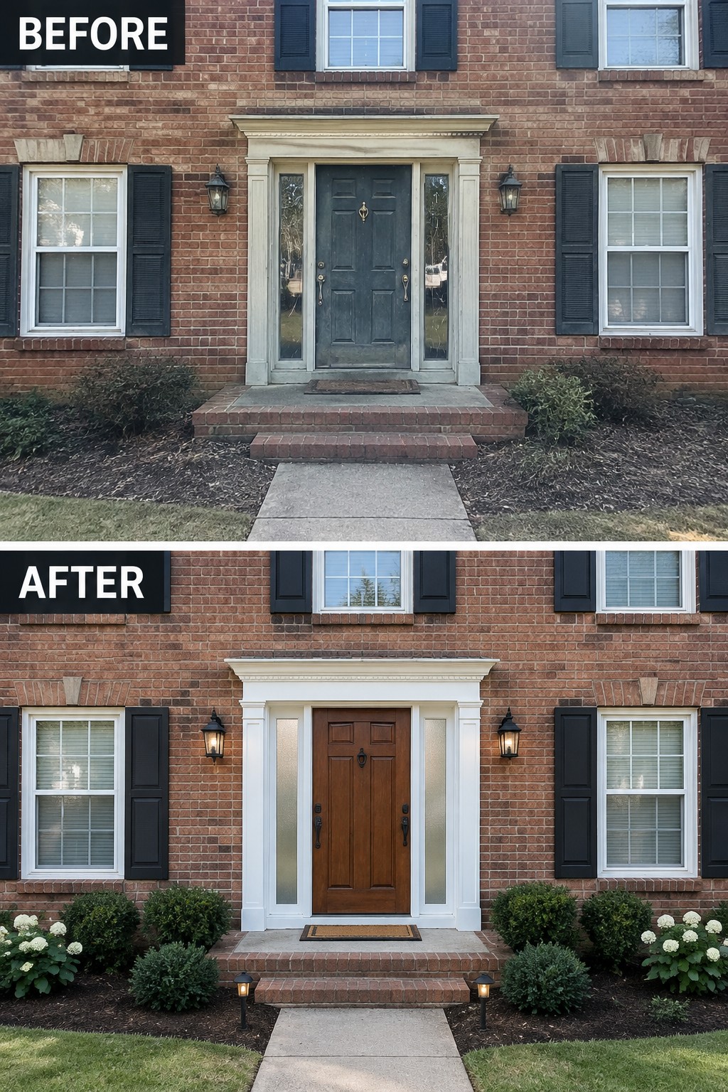 Before and after of brick house with new brown door, landscaping, and path lights.