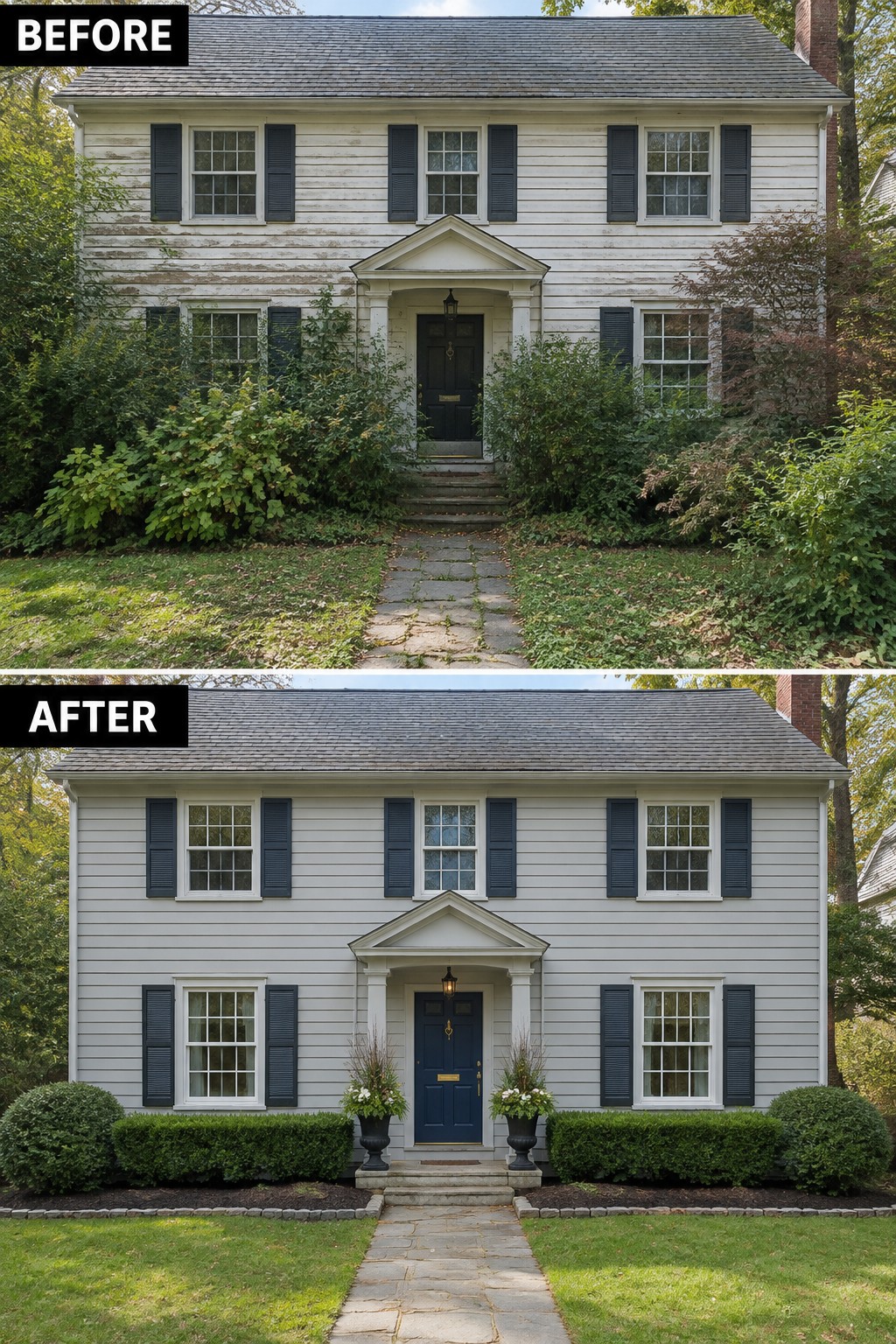 Before-and-after view of two-story house with fresh gray paint, blue door, and manicured landscaping