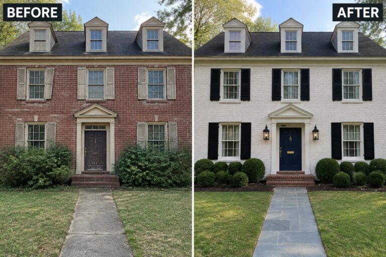 Before-and-after image of a red brick colonial house painted white with matching black shutters and a navy front door.