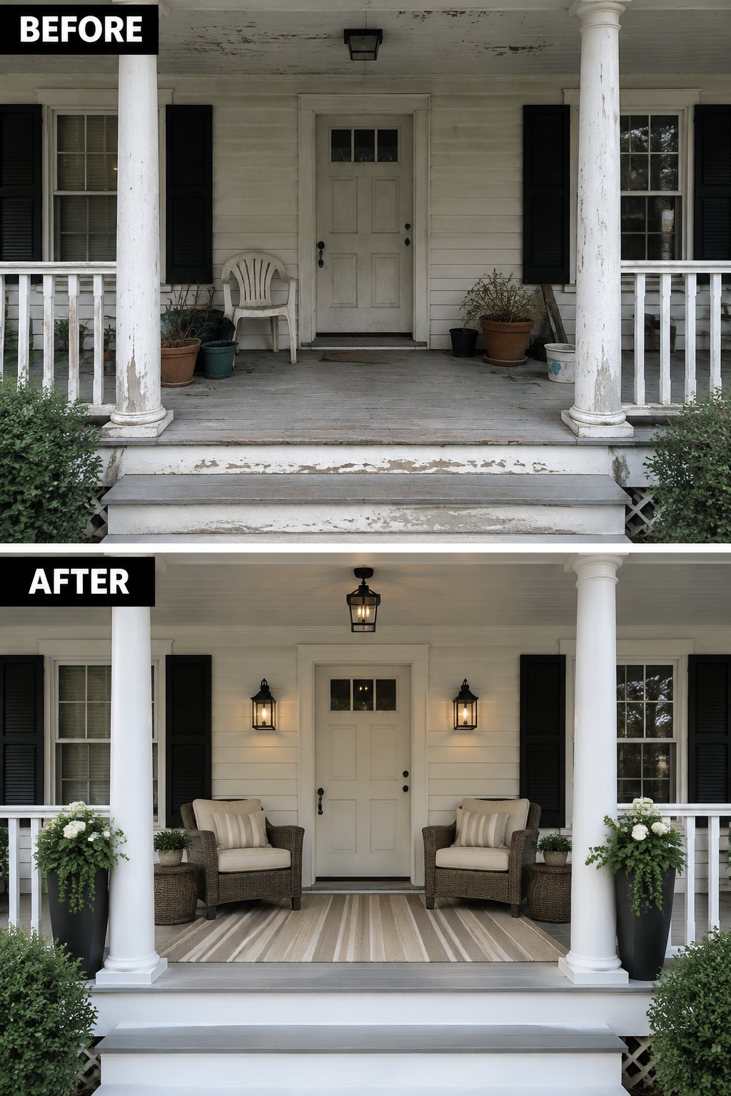 Before and after porch renovation with new chairs, rug, lights, and planters.