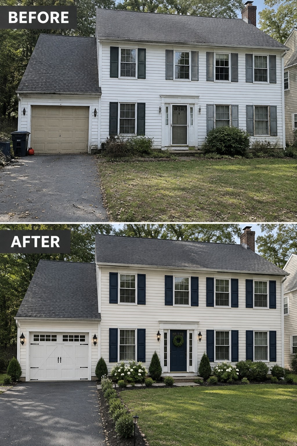 Before and after of white two-story house with updated blue shutters, door and landscaping