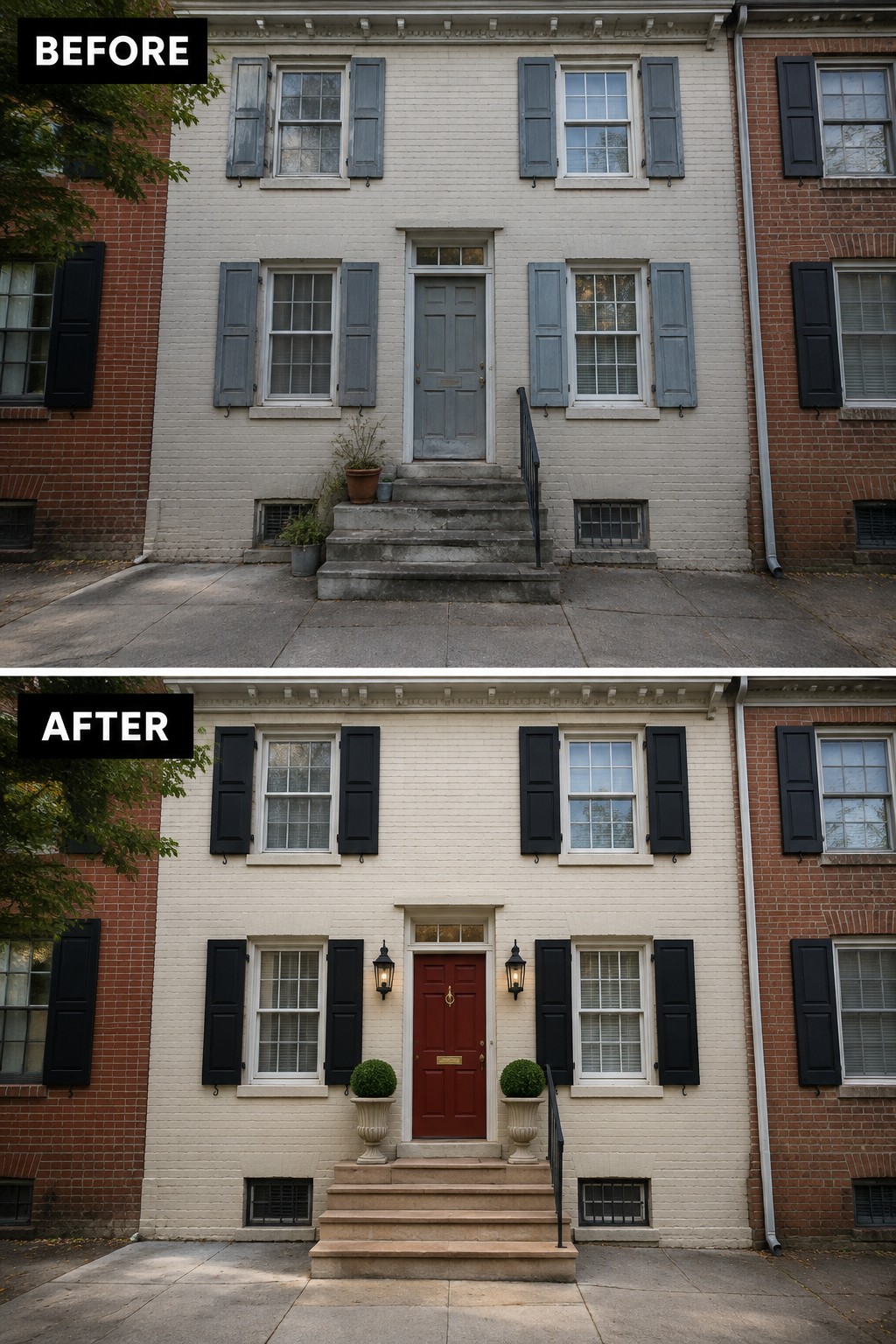 Before and after of brick house with red door, black shutters, and new planters.