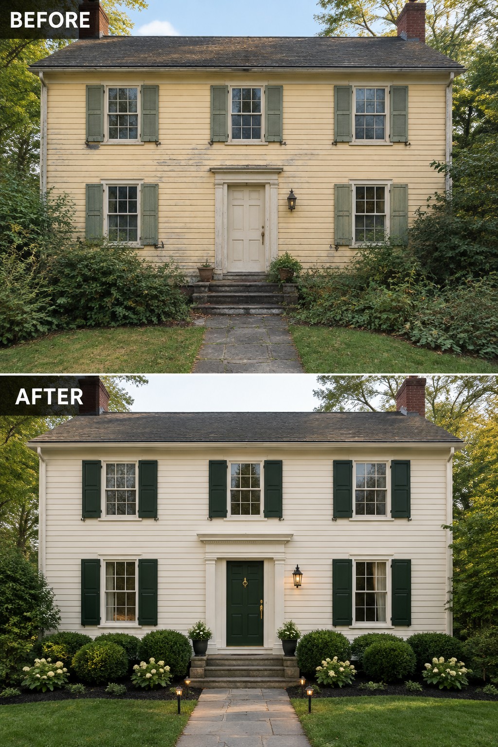 Before-and-after image of a colonial house showing updated dark green shutters and front door with cleaned-up landscaping and added path lighting.