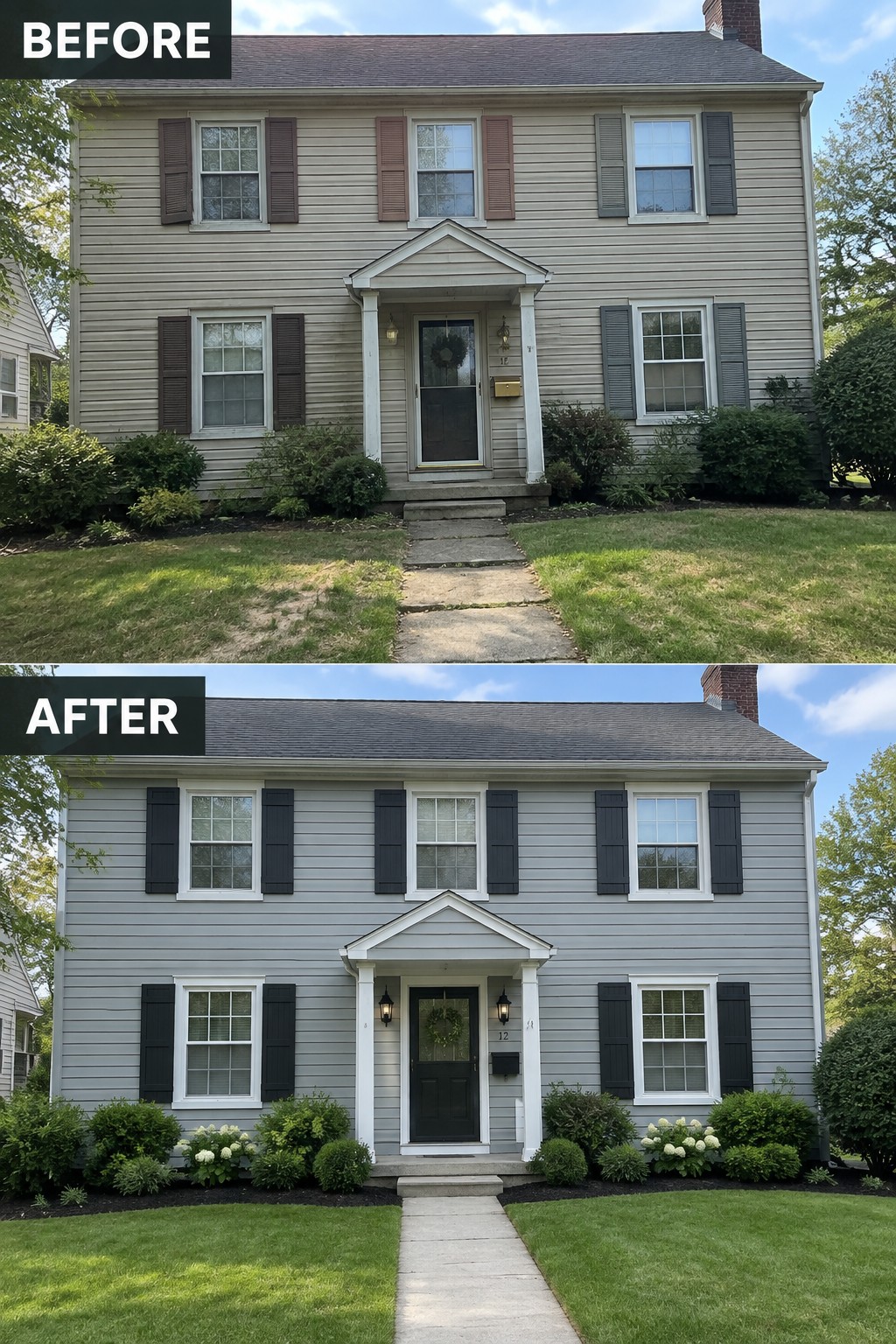 Before and after two-story house with new gray siding, black shutters, and landscaping