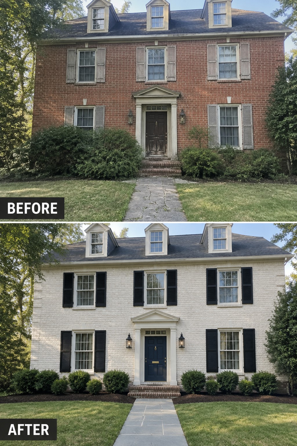 Before-and-after image of a red brick colonial house painted white with matching black shutters and a navy front door.