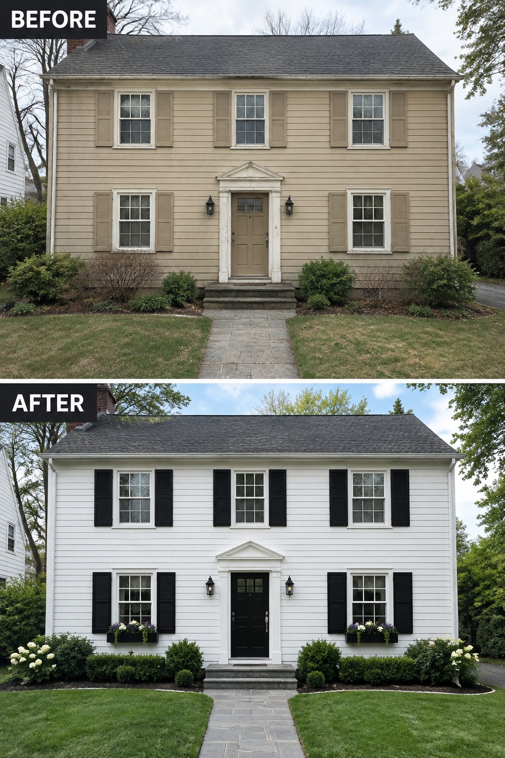 Before-and-after house exterior: beige with brown shutters transformed to white with black shutters and flower boxes.