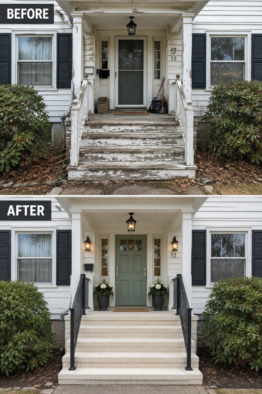 Before and after porch renovation with fresh paint, new steps, and black railings