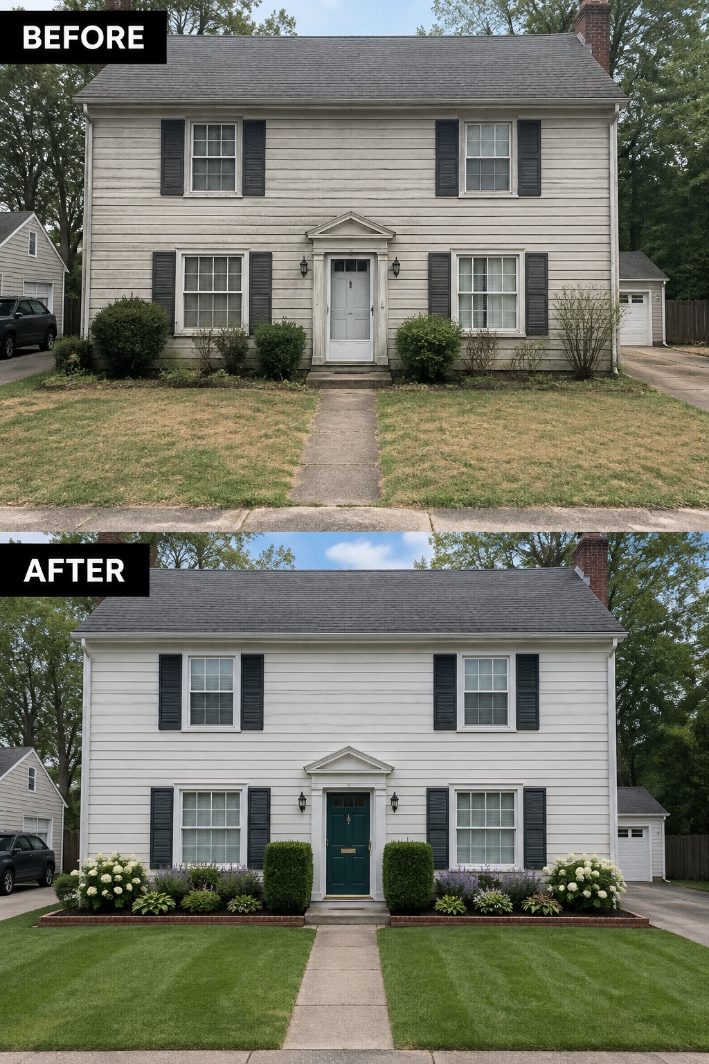 Before-and-after house exterior: beige siding and patchy lawn transformed to white paint, green door, and flower beds.