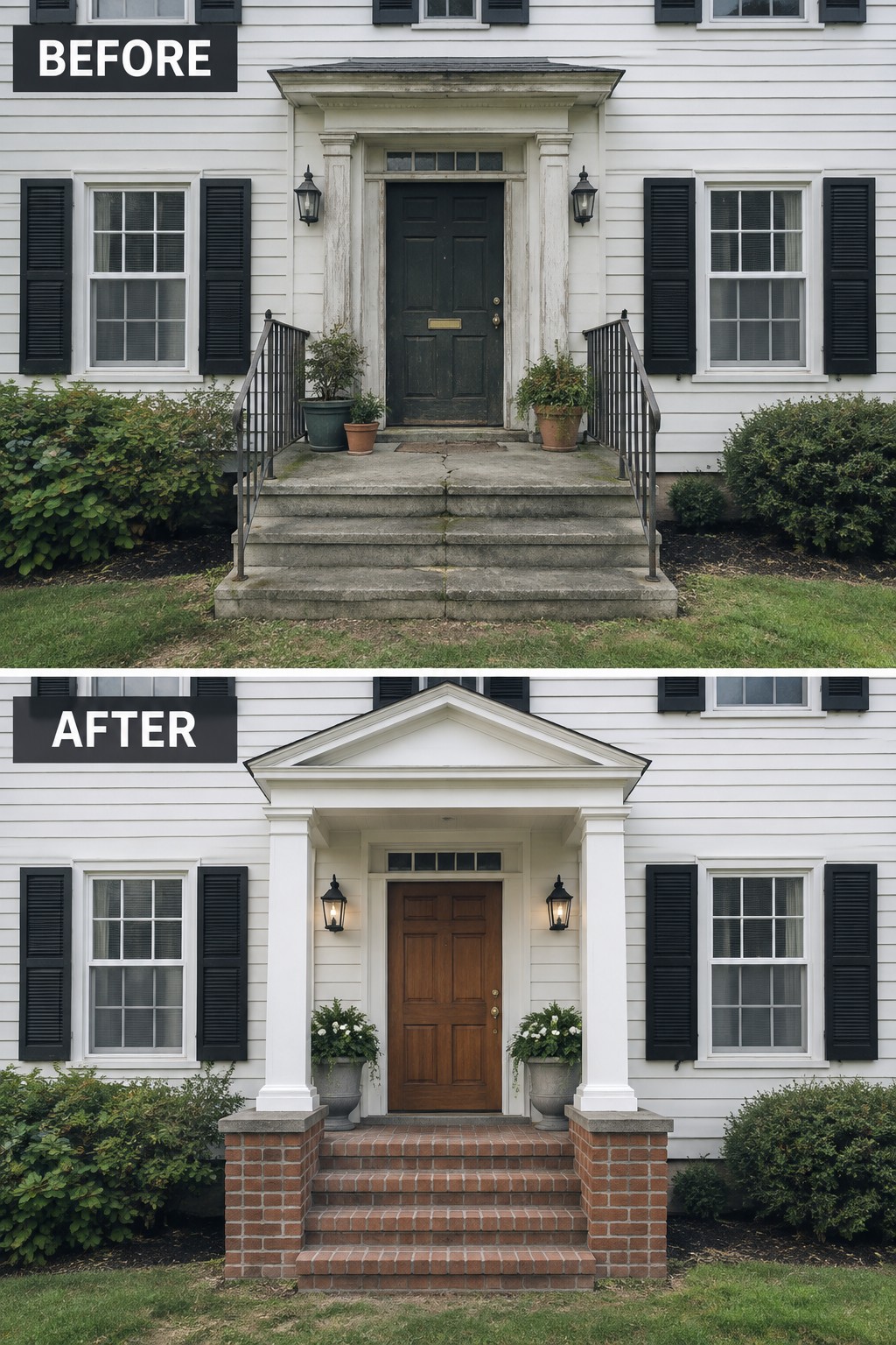 Before and after of white house entrance with new brown door and brick steps.