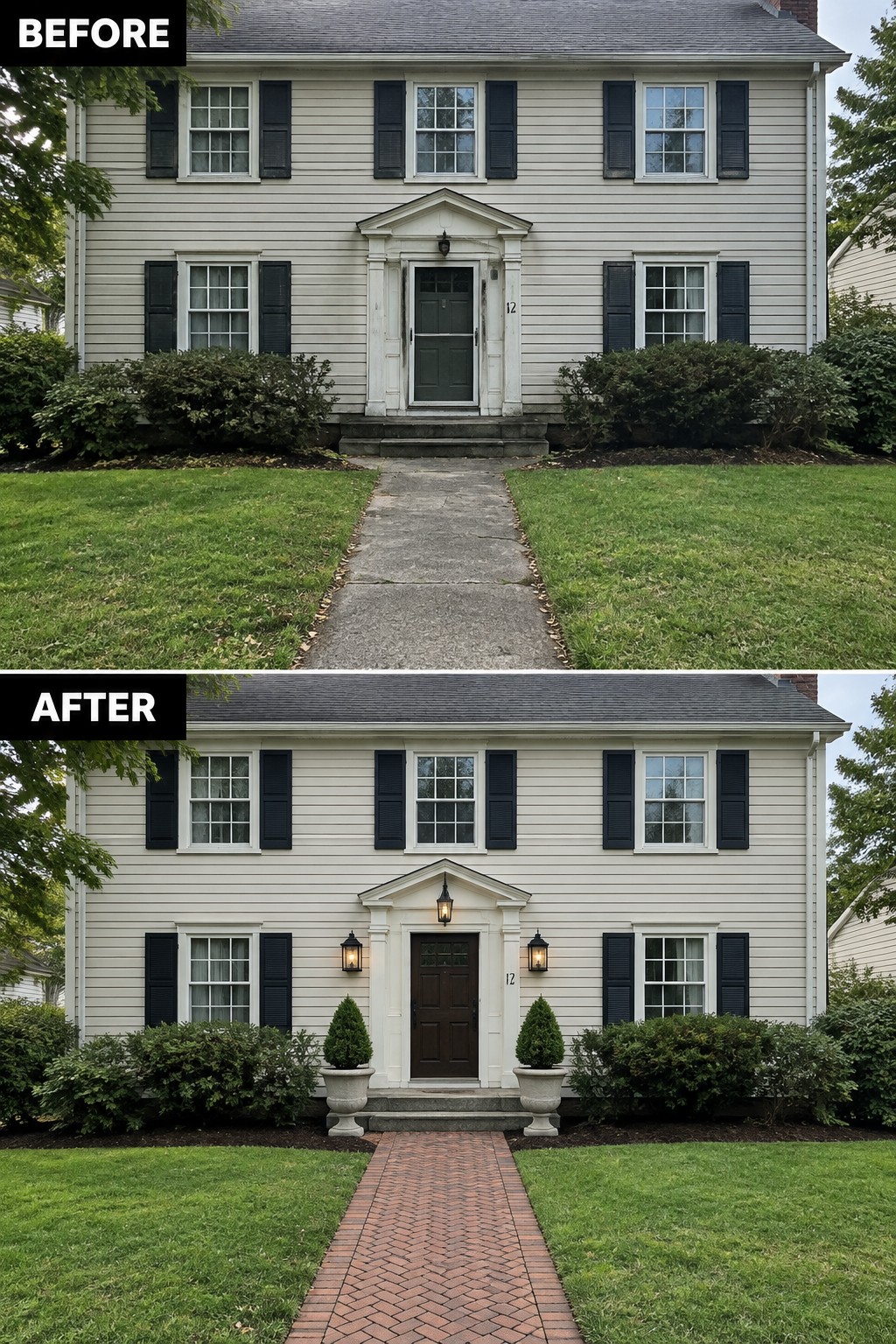 Before and after of white house with new brick path, brown door and planters