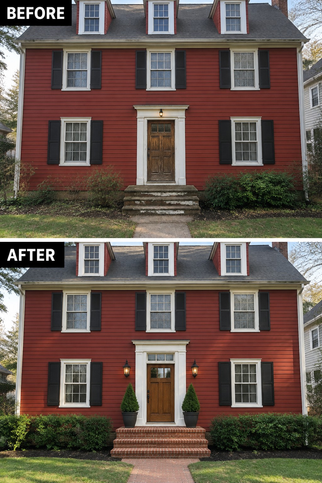 Before-and-after image of a red colonial house showing concrete steps replaced with brick, plus added lanterns and potted plants flanking the front door.