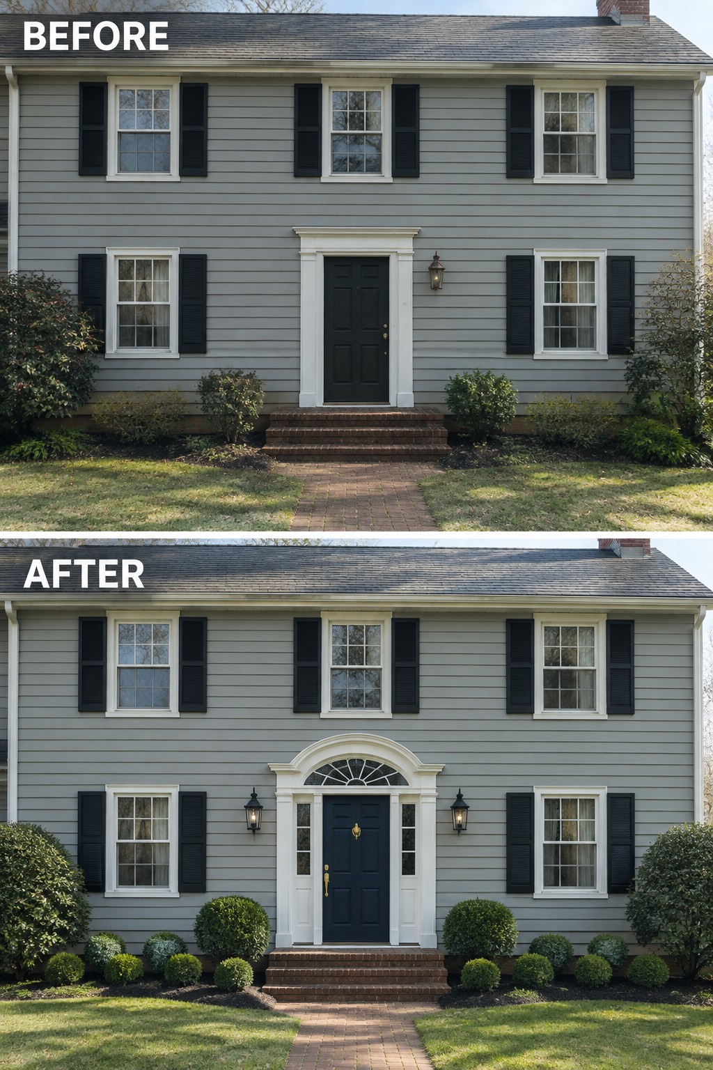 Before and after of gray house with updated arched doorway and landscaping