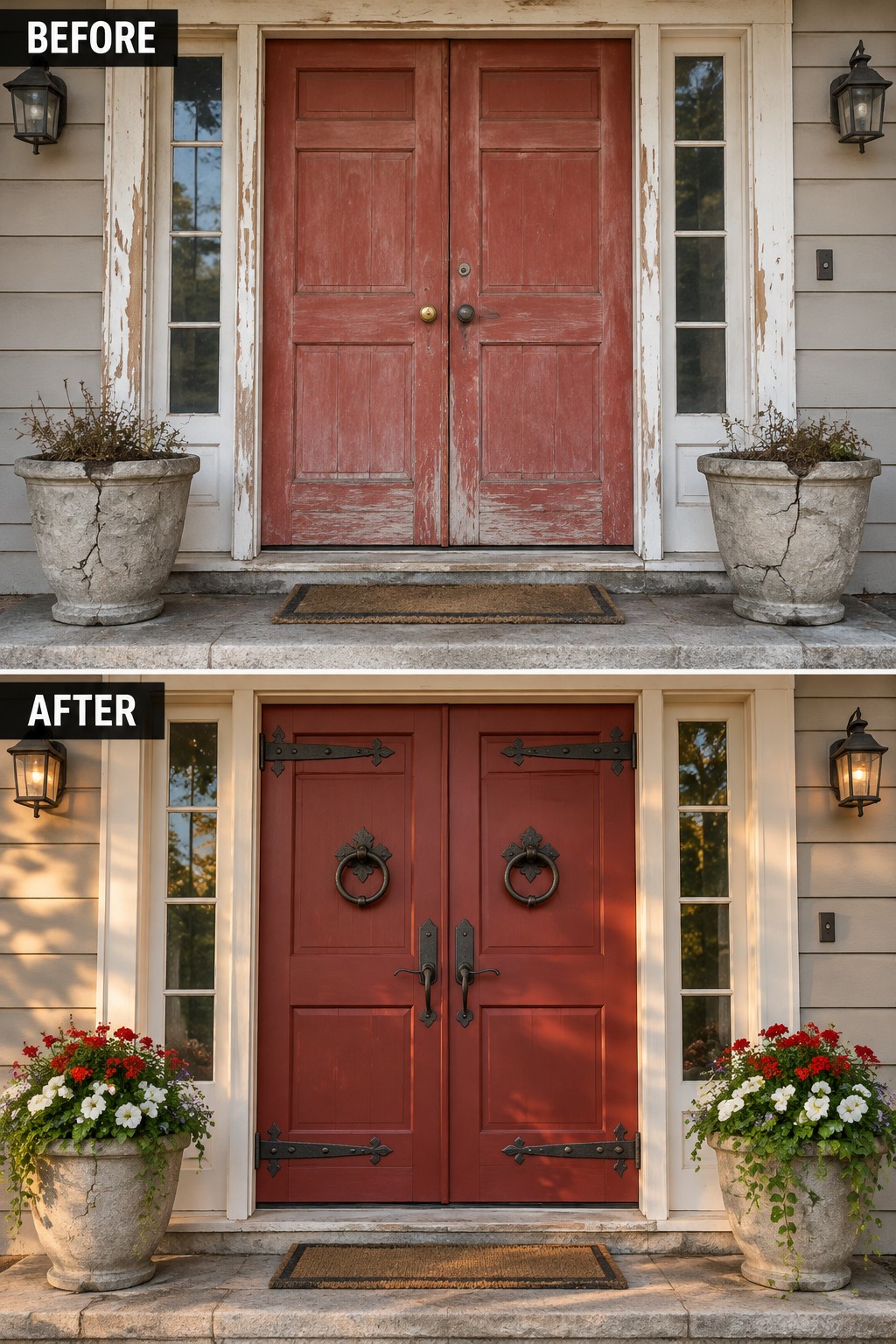 Before and after of red double doors with black hardware and blooming flower planters