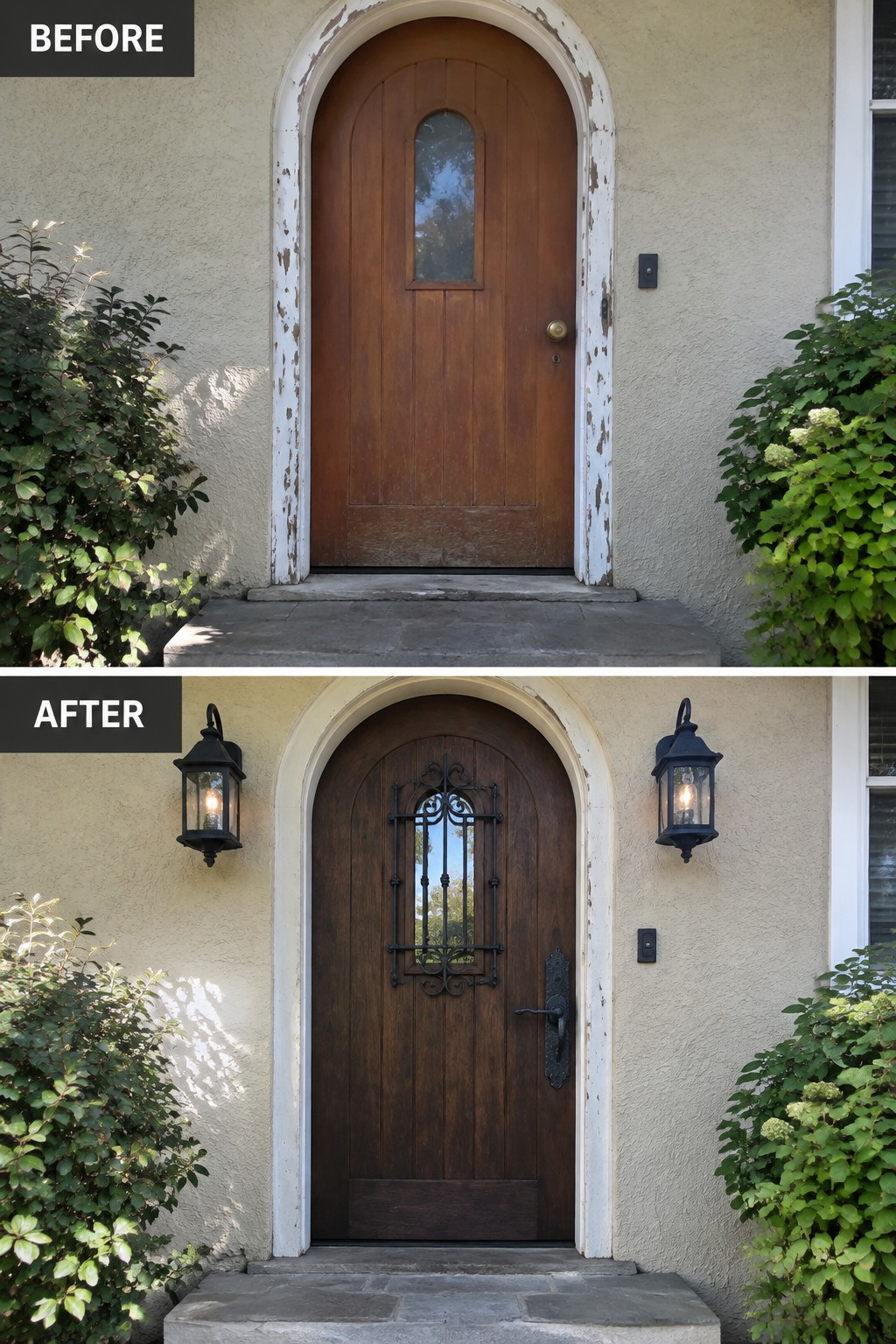 Before-and-after image of a front door updated with a decorative metal grille, new dark hardware, and matching lantern sconces on both sides.