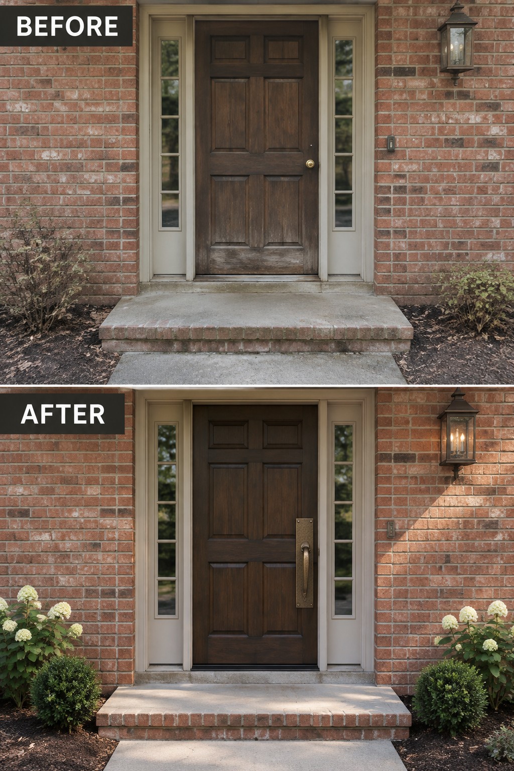 Before and after of dark wood door on brick house with new landscaping and handle