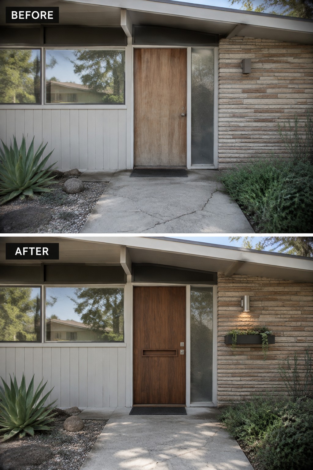 Before-and-after image of a front entry with a plain door updated using new statement hardware and a modern light fixture.
