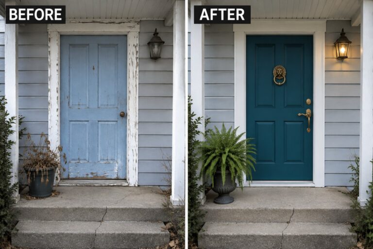 Before-and-after front door makeover from peeling light blue to dark teal with new hardware