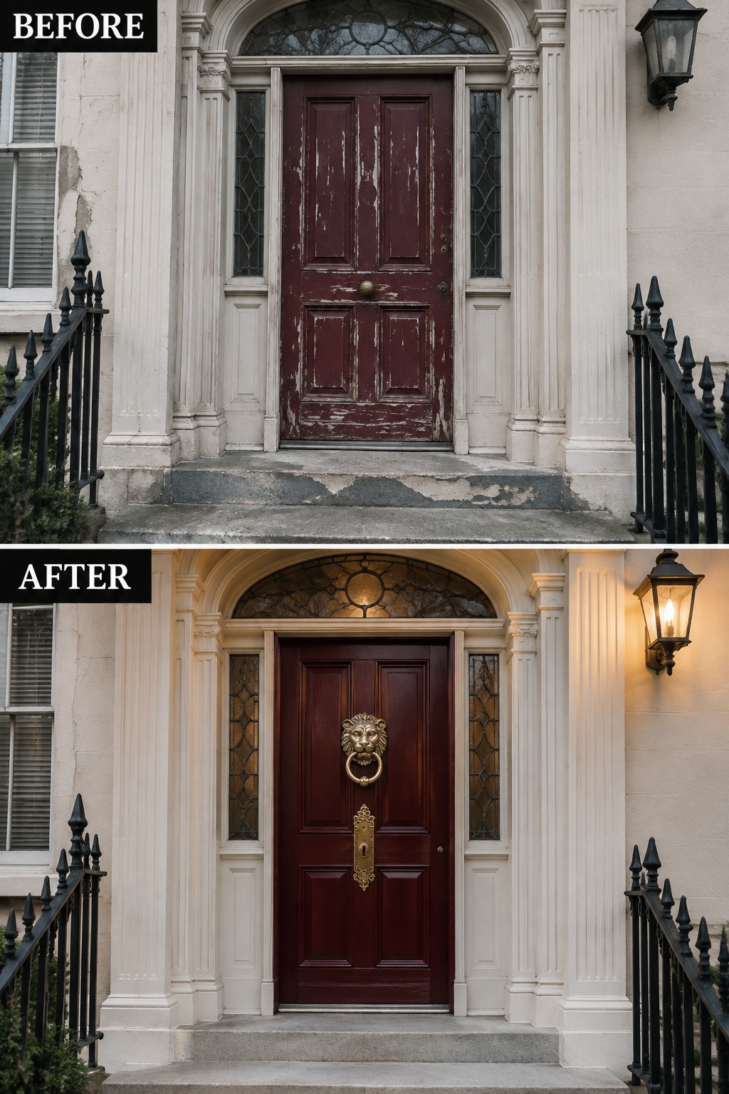 Before-and-after image of a weathered front door updated with a lion head knocker and decorative hardware.