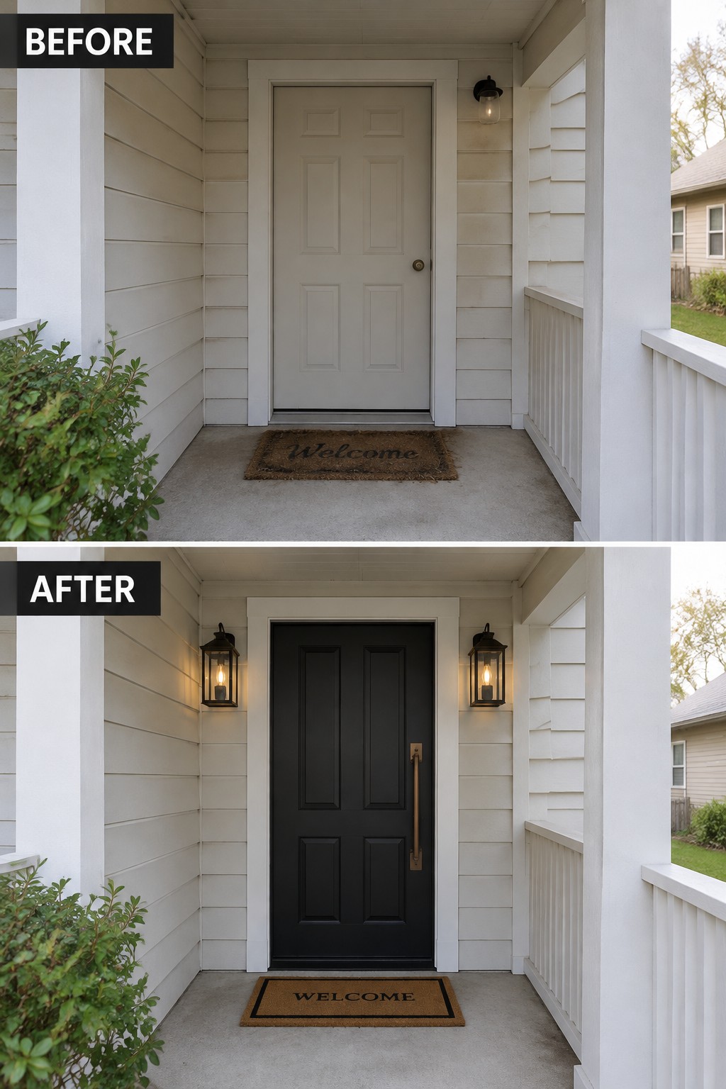 Before and after of white door repainted black with added porch lanterns.
