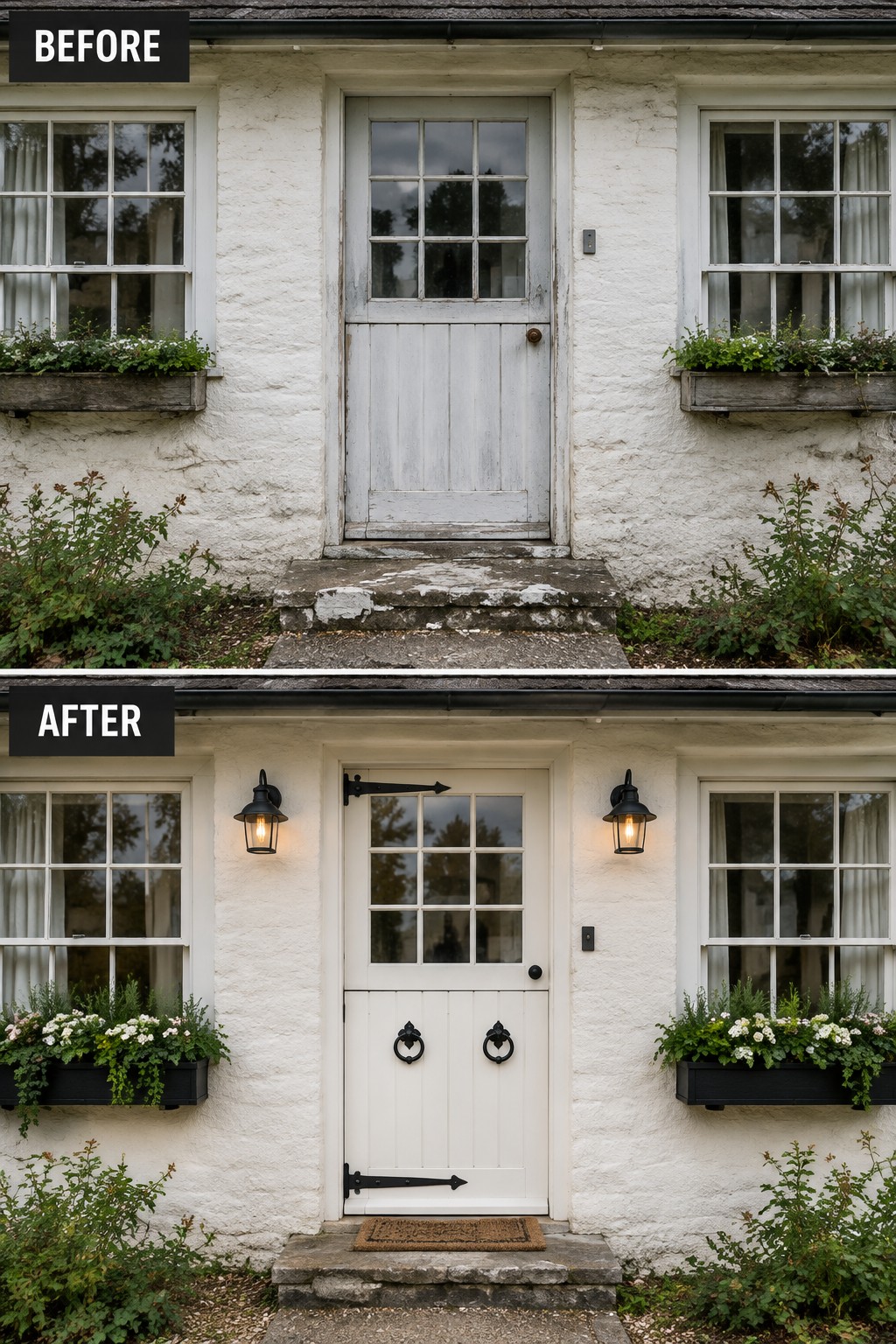 Before and after of white cottage door with black fixtures, lanterns, and planters.
