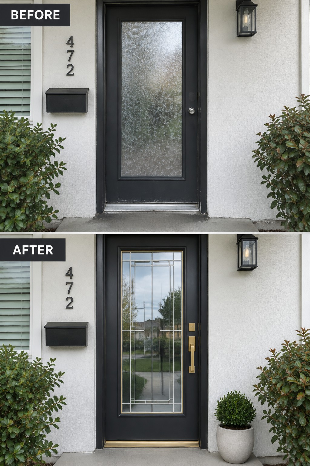 Before and after of black door with frosted glass replaced by gold-trimmed divided panels