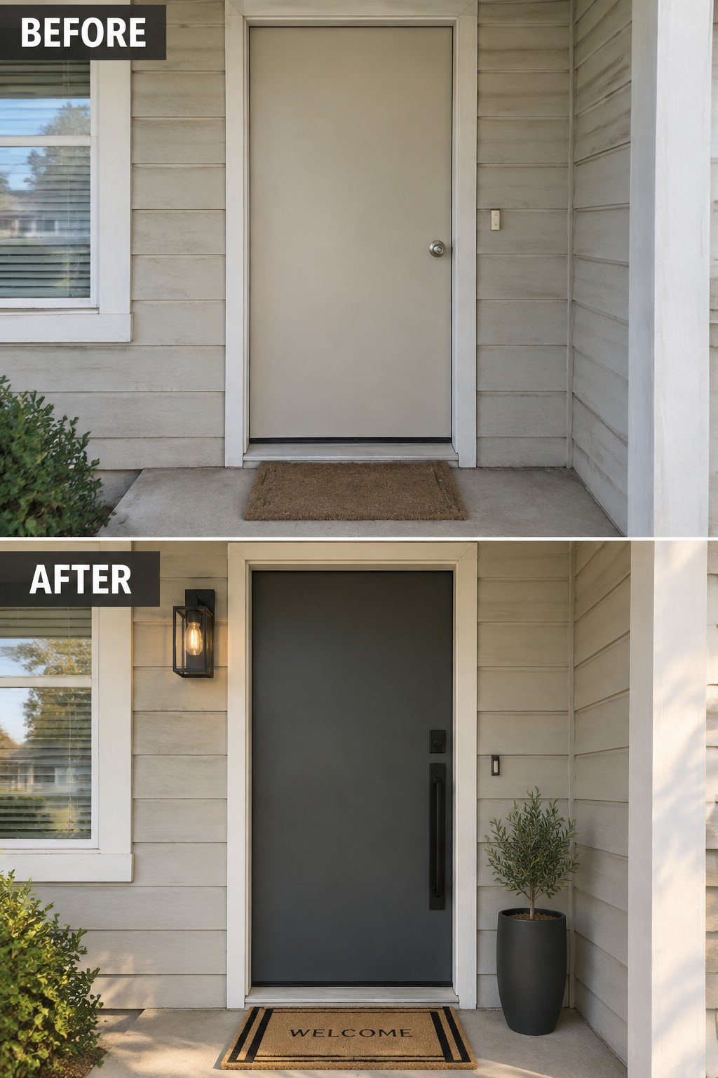 Before-and-after front door makeover from beige to dark gray with light and plant