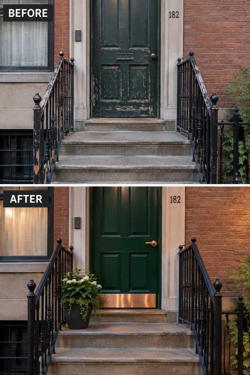 Before-and-after of refurbished green door with black railings and potted plant
