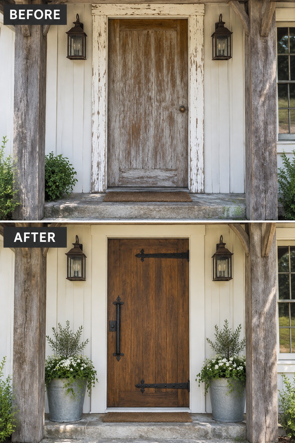 Before-and-after image of a weathered wooden front door updated with a richer finish and bold black statement hardware.