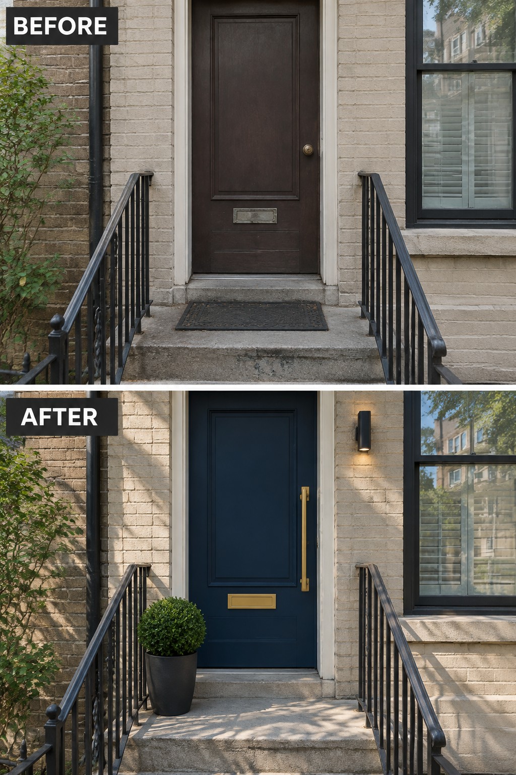 Before-and-after image of a front entrance showing a brown door changed to a navy blue door with gold hardware and a potted plant added beside the steps.