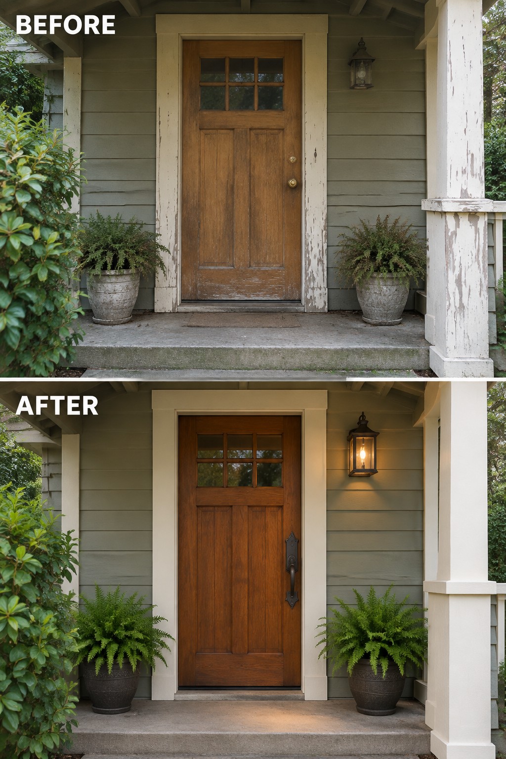 Before-and-after image of a front entry showing worn door hardware and peeling trim updated with new dark hardware, clean trim, and a lit lantern.